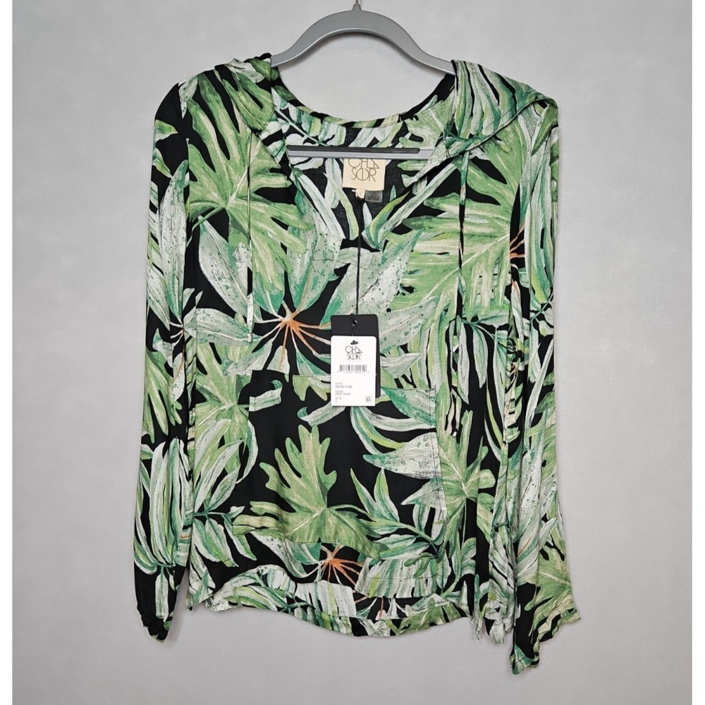 Chaser Womens Lightweight Tropical Palm Print Hooded Pullover Top Size Small NWT
